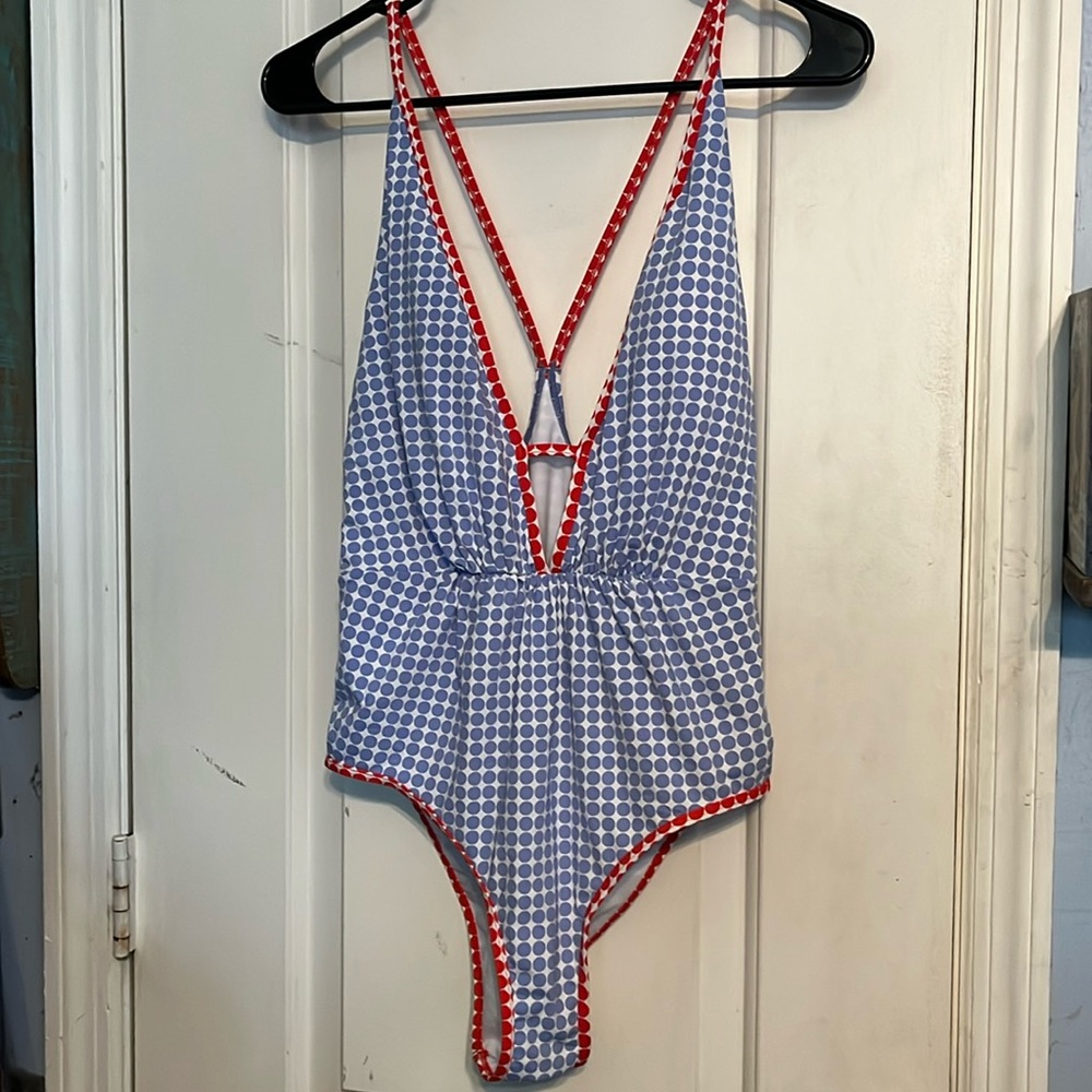 Cremieux size Large swimsuit. Blue, red and white. LIKE NEW